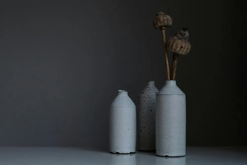 Three grey bud vases with dried poppy heads